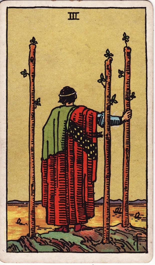 Tres de Bastos, baraja Waite-Smith de 1910