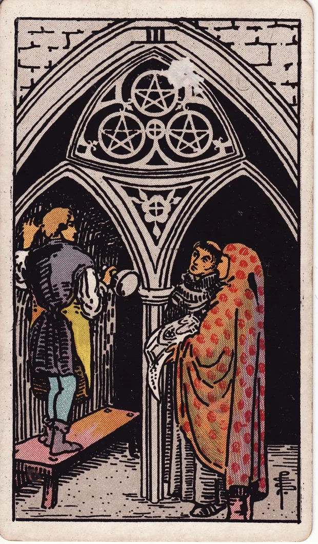 Tres de Oros, baraja Waite-Smith de 1910